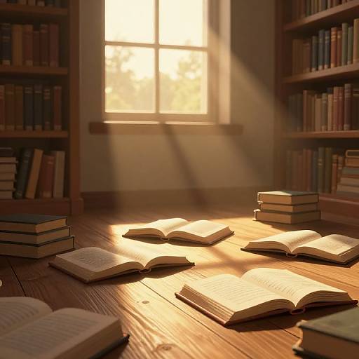 Sunlit library room with warm wooden floor, open books, and stacked books, bathed in golden sunlight through a window.