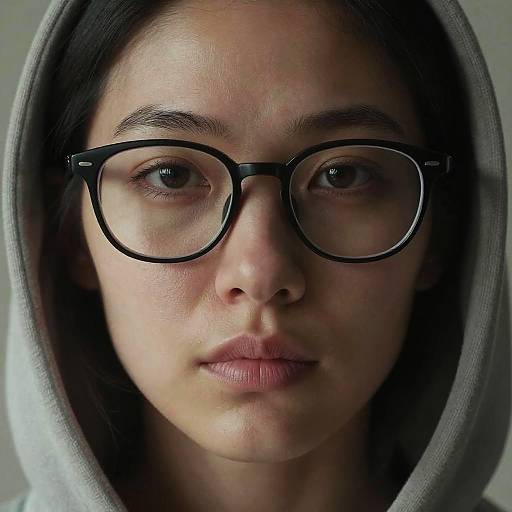 Close-up photograph of a young woman with fair skin, dark brown eyes, and black-rimmed glasses, wearing a grey hooded sweatshirt.