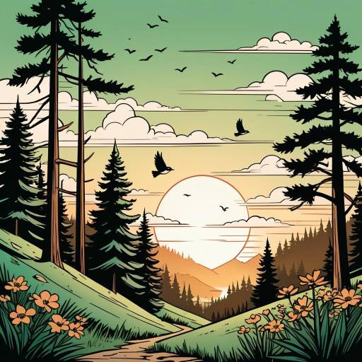 Sunset in Forested Mountain Valley Illustration