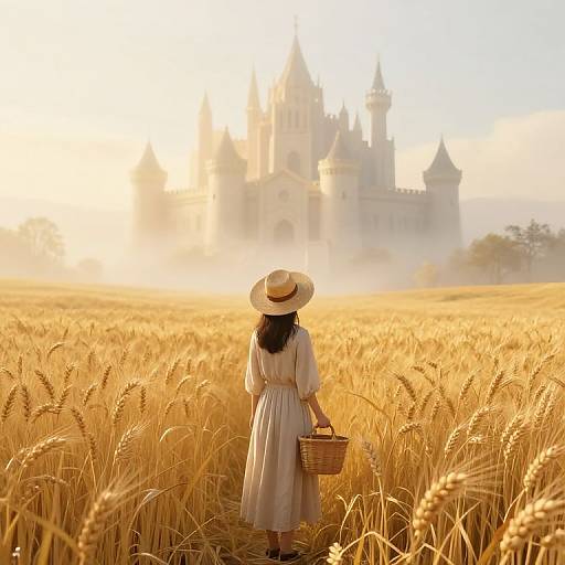 Photograph of a woman in a white dress and straw hat, holding a basket, standing in a golden wheat field, facing a misty, sun