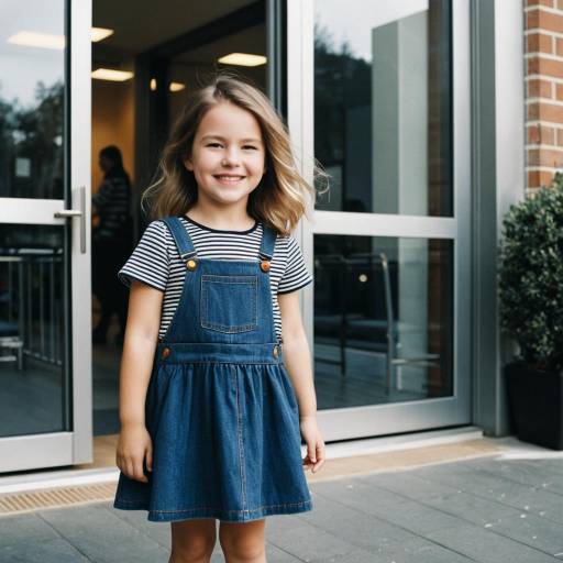 Smiling Girl in Denim Pinafore Dress Outdoors