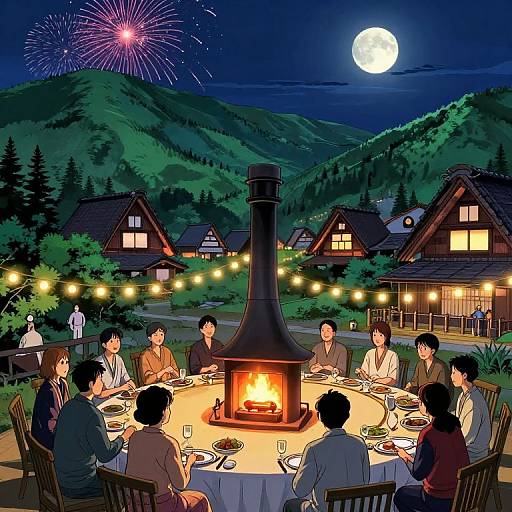 Nighttime village gathering: Group of eight Asian adults sit around a lit fireplace, eating, under a moonlit sky with fireworks. Traditional houses and string