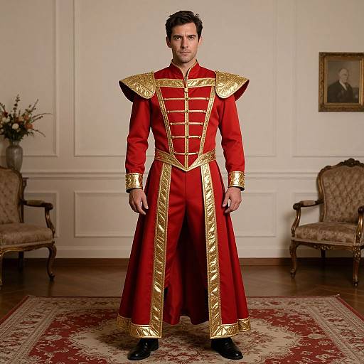 Photograph of a man in a red, gold-embellished military-style uniform with shoulder epaulettes, standing in an elegant, classic