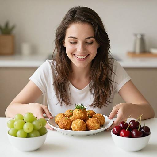Smiling Woman with Inviting Food Spread