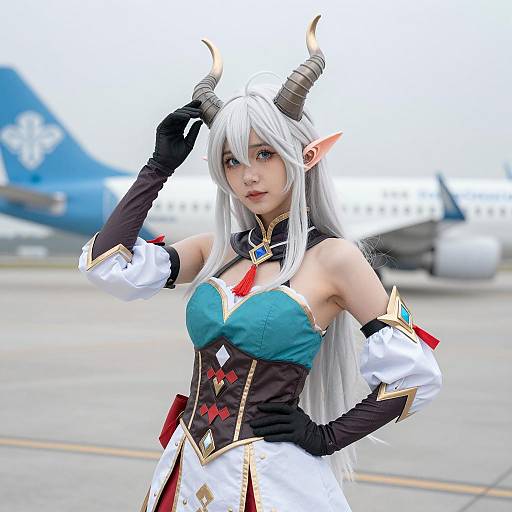 Woman in Fantasy Costume with Horns on Airfield