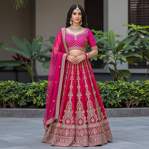 Photograph of a South Asian woman in a vibrant pink and gold traditional lehenga choli, standing outdoors with lush greenery in the background. She