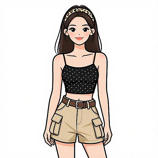 Digital anime-style drawing of a smiling Asian woman with long black hair, wearing a black polka-dot crop top, beige high-waisted shorts,
