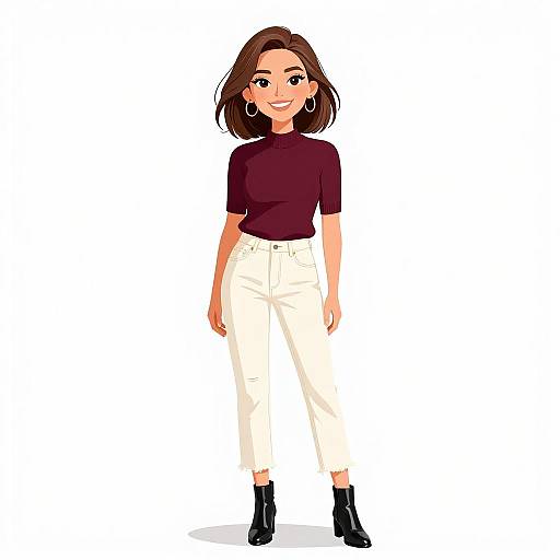 Digital illustration of a smiling woman with brown hair, wearing a maroon t-shirt, white pants, black ankle boots, and hoop earrings.