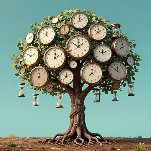 Digital artwork of a tree with multiple clock faces and hourglasses, set against a clear blue sky, with roots visible on dry ground.