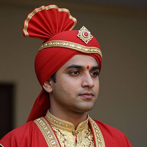 Photograph of a South Asian man in traditional attire, wearing a red turban with gold trim, red sherwani, and gold embroidery, with