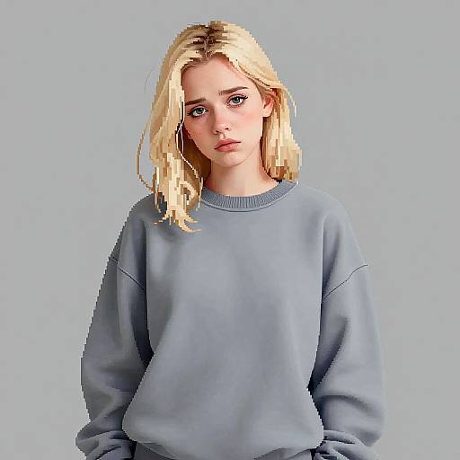 Digital artwork of a young blonde woman with blue eyes, wearing a loose, light blue sweater, against a plain gray background.