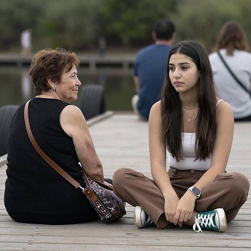 Two Women on a Serene Wooden Dock