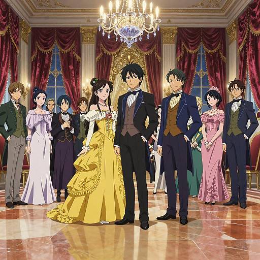 Anime-style illustration of a formal ballroom wedding scene with a chandelier, red curtains, and guests in elaborate dresses and suits.