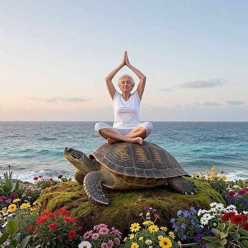 Photograph of an elderly woman with white hair in a white outfit, meditating on a mossy rock with a large turtle, surrounded by colorful flowers