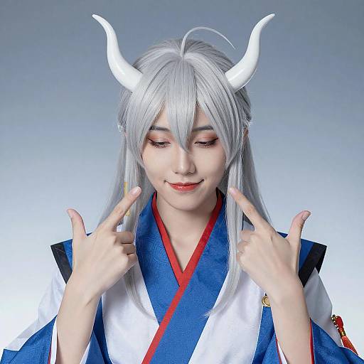 Cosplayer in Silver Hair and Traditional Attire