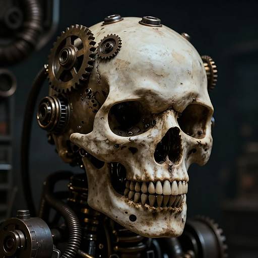 CGI image of a weathered, grinning skull with mechanical gears and cogs integrated into its head, set against a dark, industrial background.