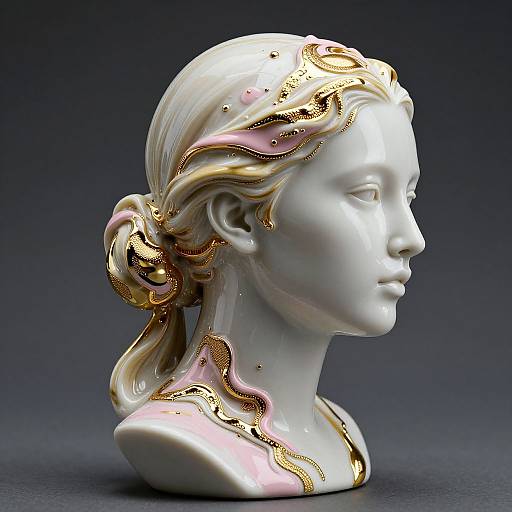 Photograph of an elegant, white porcelain bust of a woman with flowing, blonde hair adorned with gold and pink ornate patterns, against a dark blue