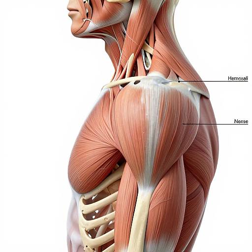 Digital anatomical illustration of a side view of a human upper body, showing detailed muscle fibers, nerves, and vertebrae. Labels highlight 
