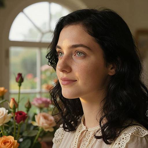 Photograph of a fair-skinned woman with black wavy hair, light blue eyes, and subtle smile, wearing a white lace blouse, standing in