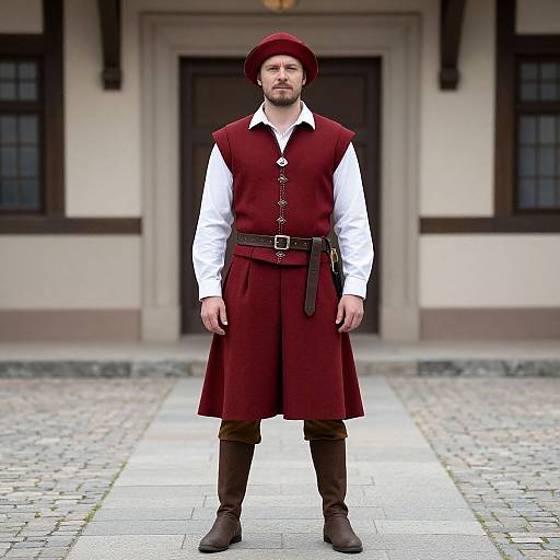 Photograph of a bearded man in medieval attire: red velvet vest, white shirt, burgundy hat, brown belt, and boots, standing on