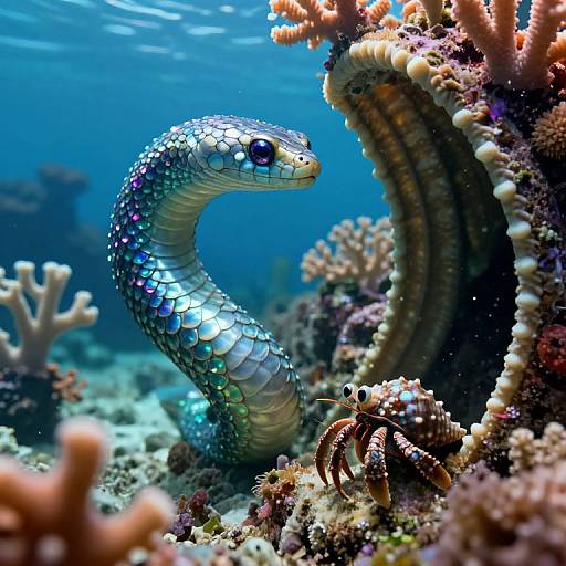 Photograph of a vibrant, iridescent snake eel with shimmering scales, surrounded by colorful coral and sea anemones in a clear blue