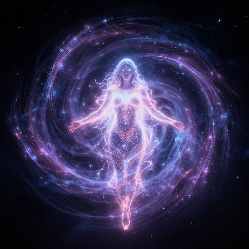 Digital artwork of a glowing, ethereal woman with flowing hair, floating in a swirling vortex of purple and blue cosmic light.