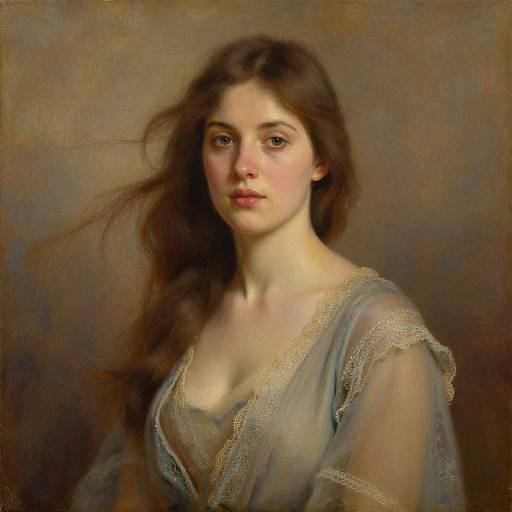 Realistic digital painting of a young, fair-skinned woman with long brown hair, wearing a sheer, lace-trimmed gown, against a muted