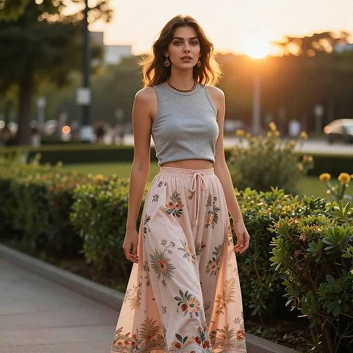 Photograph of a young woman with wavy brown hair, wearing a gray crop top and floral pink maxi skirt, standing in a sunlit park at