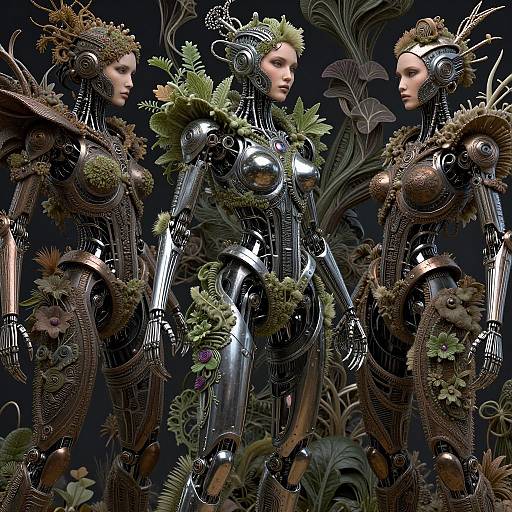 Digital art of three futuristic, metallic humanoid figures adorned with intricate steampunk gears, copper elements, and green foliage, standing against a dark background.