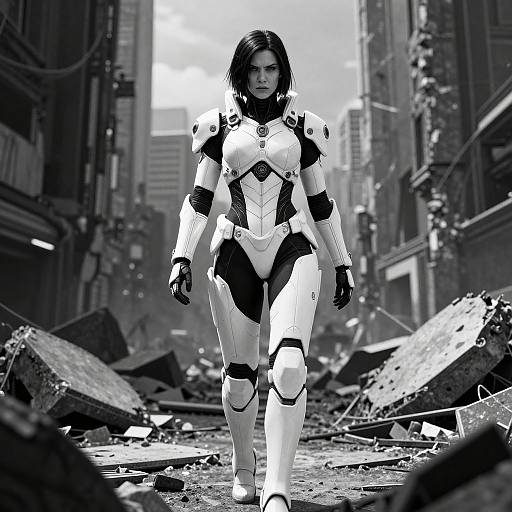 Black-and-white digital art of a serious, armored female warrior walking through a ruined, debris-filled city street. Her white and black suit contrasts with the