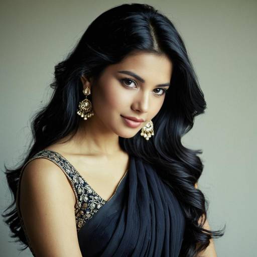 Elegant Woman in Black Chiffon Saree