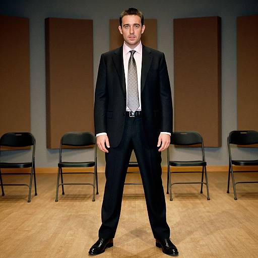Photograph of a serious, dark-haired man in a black suit, white shirt, and black tie, standing in a dimly lit room with three