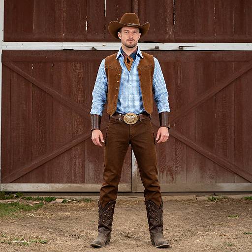 Photograph of a bearded man in a cowboy hat, blue checkered shirt, brown vest, and jeans, standing in front of a wooden barn