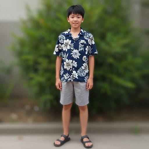 Photograph of a young Asian boy with short black hair, wearing a navy floral shirt, gray shorts, and black sandals, standing on a sidewalk with