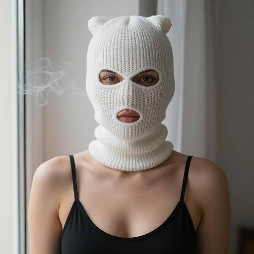 Woman in White Knitted Balaclava Mask
