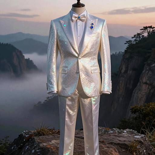 Photograph of a shimmering silver tuxedo with iridescent fabric, bowtie, and floral pin, displayed on a mannequin against