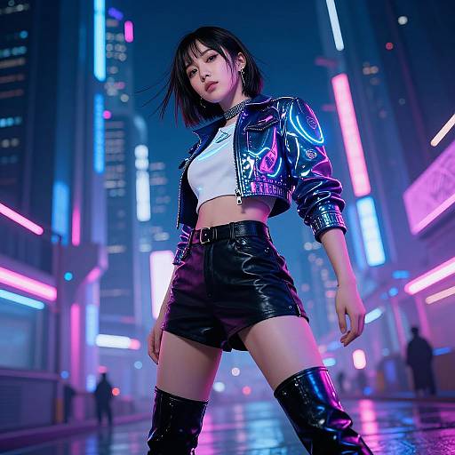 Cyberpunk city night scene photograph of an Asian woman with black bob haircut, white crop top, shiny black leather jacket, shorts, and thigh-high