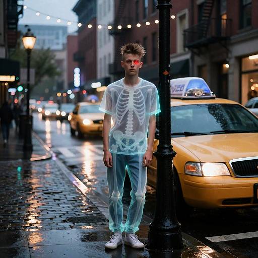 Rainy Neon Punk with Skeletal Glow