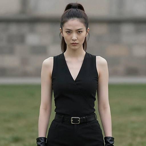 Confident Woman in Black Outfit Outdoors