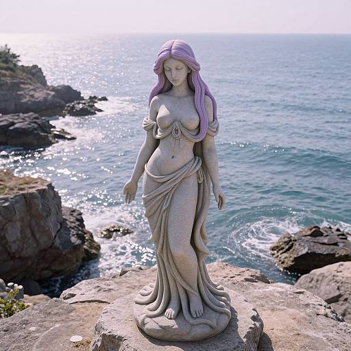 Photograph of a lavender-haired mermaid statue with pale skin, draped in a flowing white cloth, standing on a rocky coastal cliff overlooking a sparkling blue