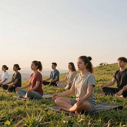 Photograph of six diverse people, three men and three women, sitting in a yoga meditative pose on grass during sunset.