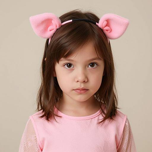 Photograph of a young girl with fair skin, dark brown hair, and large brown eyes, wearing pink furry mouse ears headband and pink mesh shirt