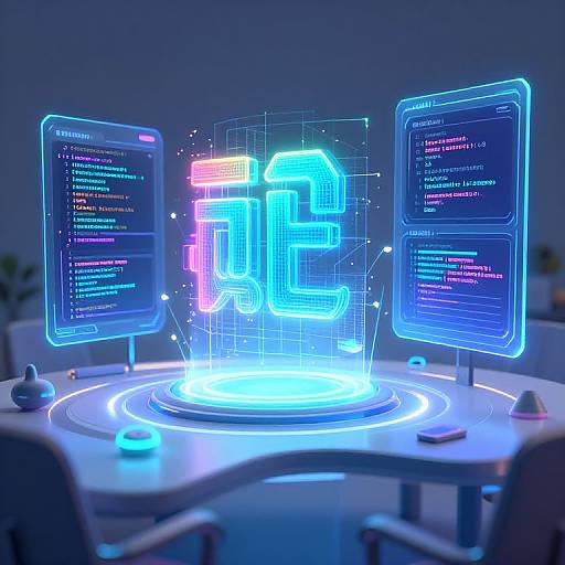 Neon-lit, futuristic coding desk with glowing blue and pink 
