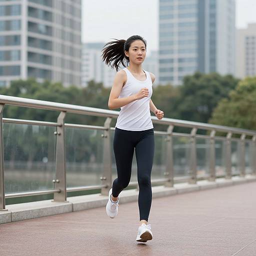 Energetic Woman Jogging on Urban Bridge