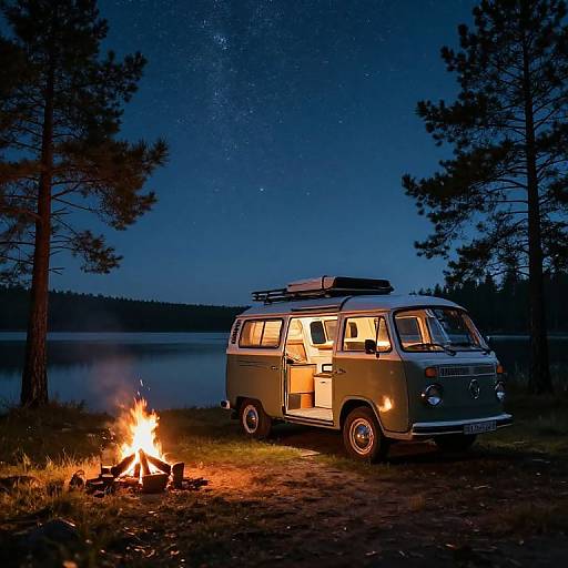 Retro Kombi Camper Lakeside Night