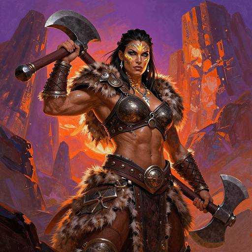 Digital fantasy artwork of a muscular, dark-skinned warrior woman with glowing face tattoos, holding two axes, wearing fur and leather armor, in a fiery