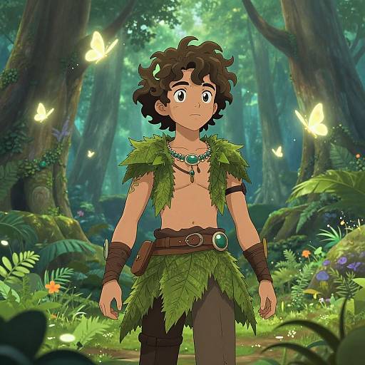 Digital illustration of a young, curly-haired boy with tan skin, wearing leafy green armor in a luminous, enchanted forest with glowing butterflies.