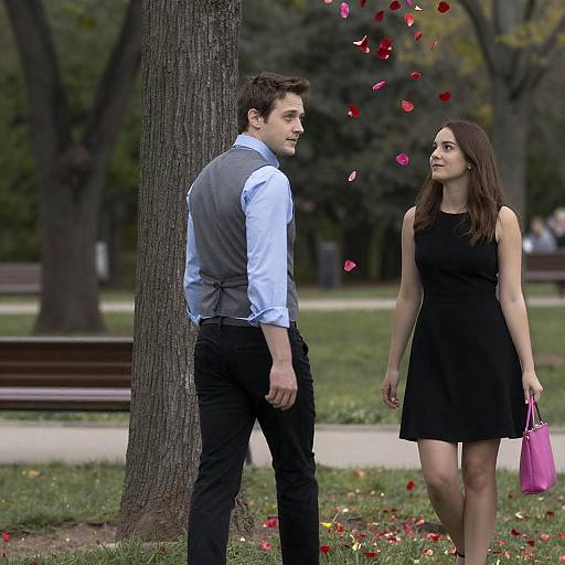 Couple in Park Surrounded by Rose Petals