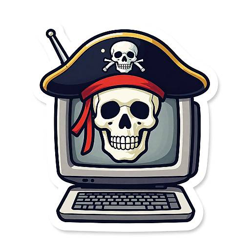 Cartoon-style digital illustration of a laptop with a pirate skull and crossbones on the screen, wearing a black tricorn hat with a red band and
