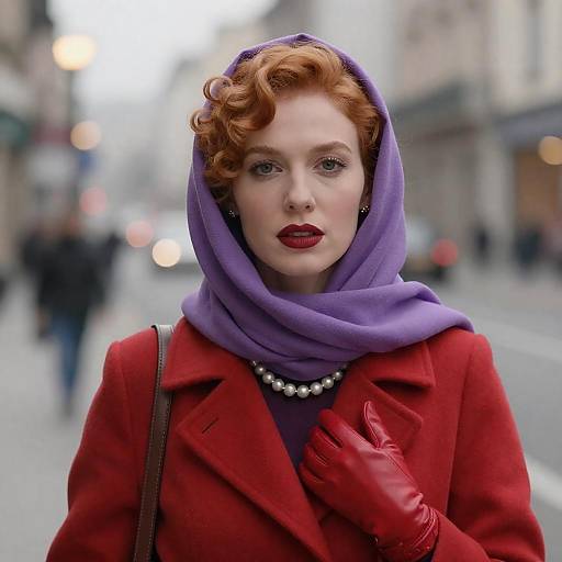 Urban Portrait: Red-Coated Woman with Pearls